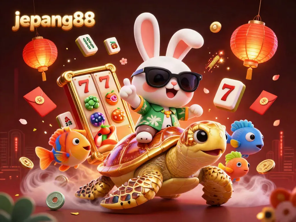 Play exciting online slots with Jepang88, featuring a lucky rabbit and a giant turtle in a vibrant casino scene.