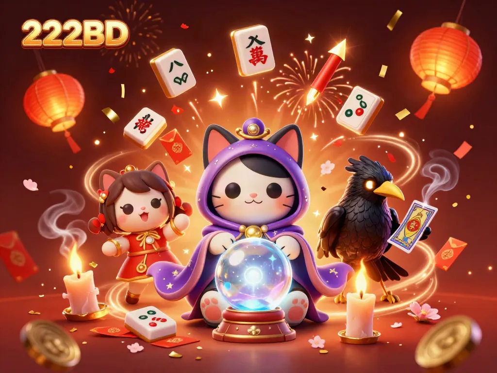 Engage your fortune with 222BD at this vibrant casino scene filled with mystical characters and festive elements.