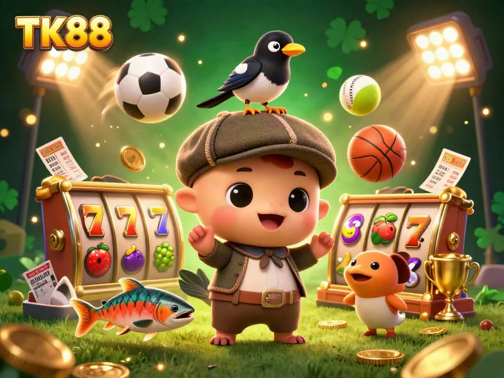 Play and win with TK88 in a vibrant casino scene featuring fun characters and colorful game elements.