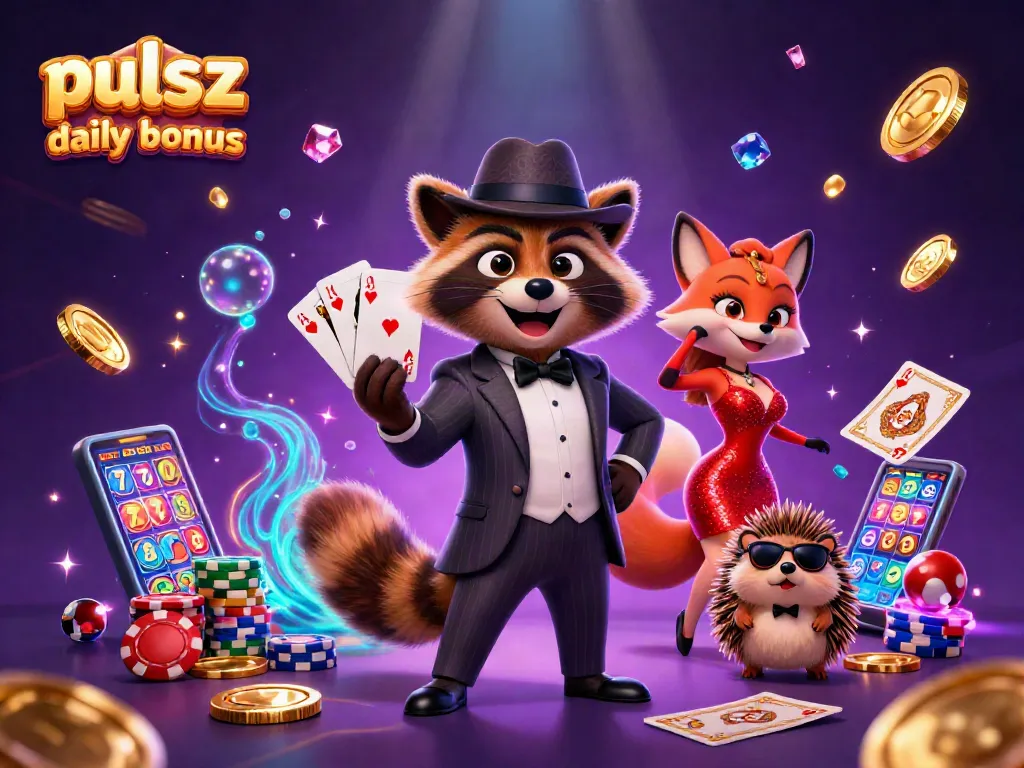 Pulsz bingo daily bonus illustrated with a raccoon and fox, surrounded by golden coins and bingo elements