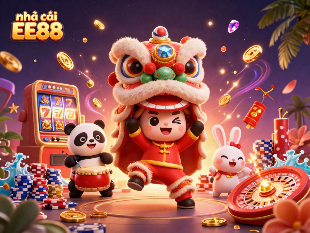 Win big with nhà cái EE88 featuring a lively lion dance and dazzling casino elements.