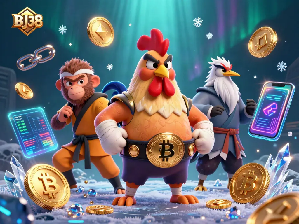 Engage with BJ38 in an exciting 3D illustration of casino characters surrounded by crypto coins.