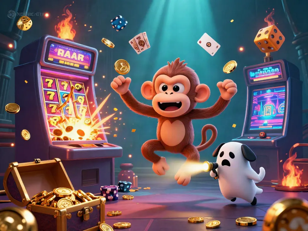 Xoilac-tv captures a playful ghost monkey juggling golden casino elements in a haunted setting.