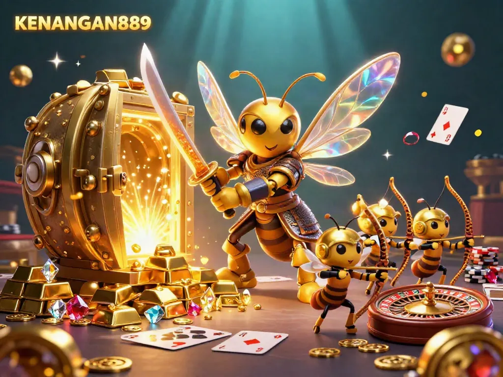 Engage with KENANGAN889 in this vibrant casino scene featuring golden hornet samurai, poker elements, and treasure.