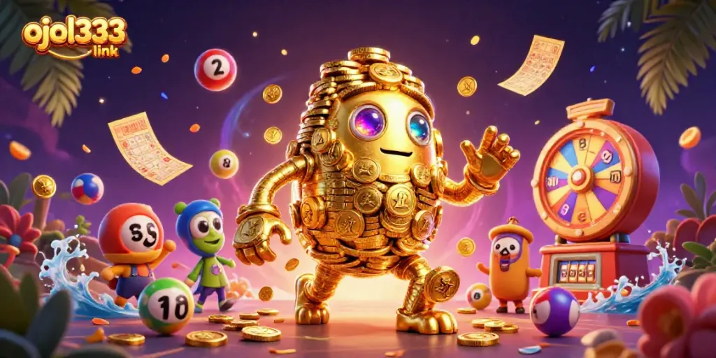 Engage with the vibrant ojol333 link scene showcasing a dynamic ancient golden golem surrounded by lively casino elements.