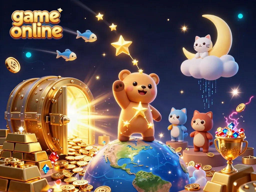 Experience thrilling game online adventures with a starry bear, treasures, and enchanting elements.