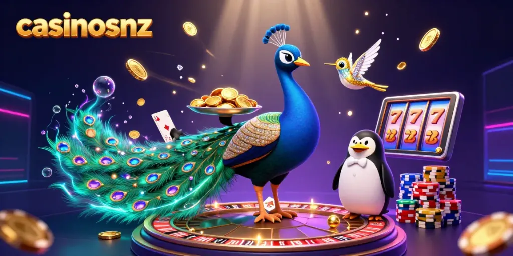 Spin the reels at casinosnz with lively characters enjoying golden chips and vibrant game elements.