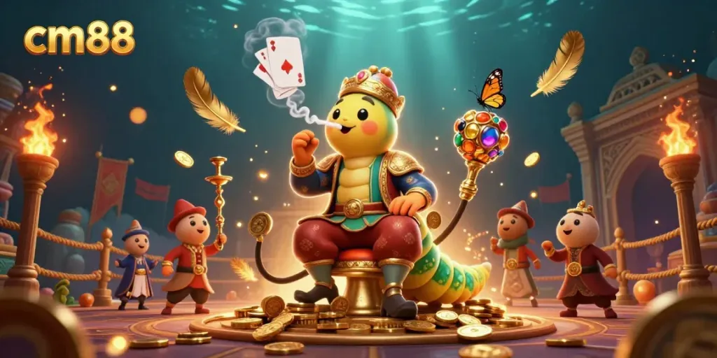 Experience cm88's vibrant online casino through this intricate 3D art, featuring a hookah-master in a dynamic gaming environment.