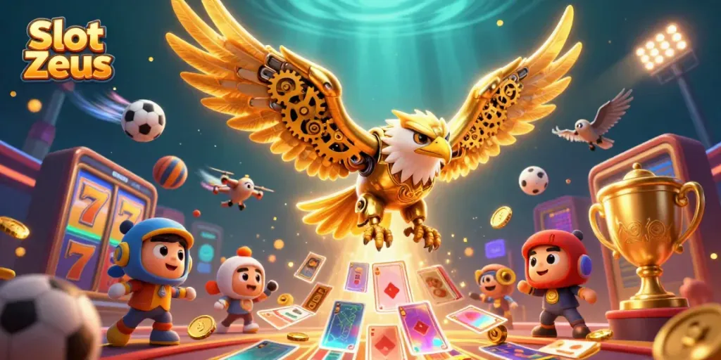 Mainkan Slot Zeus dengan jackpot beruntun, tampilkan burung elang cybernetik dan elemen slot yang menakjubkan.
