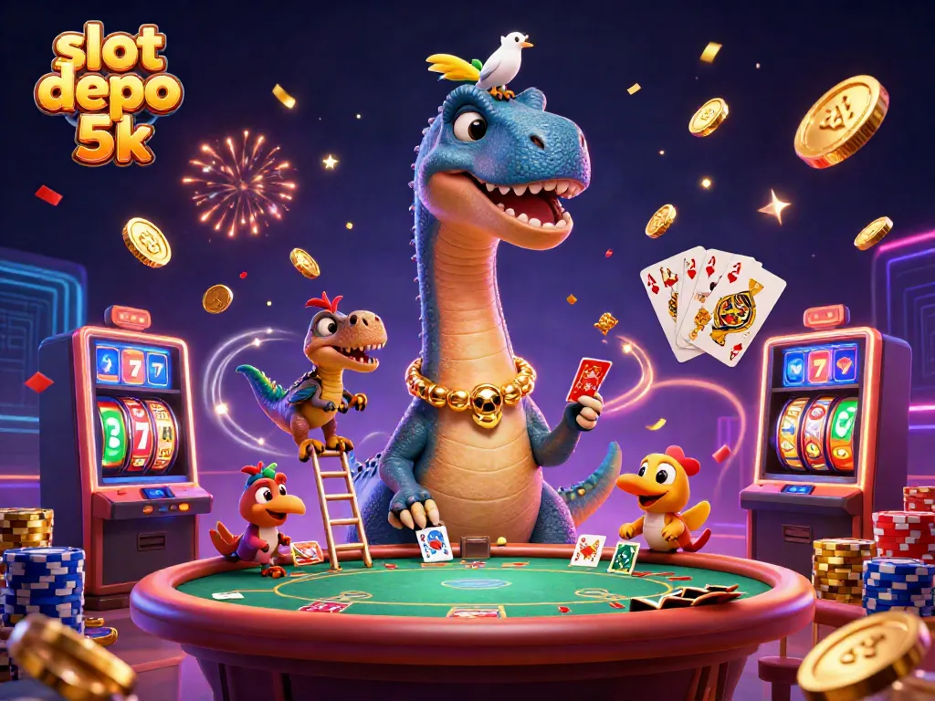 Experience slot depo 5k excitement with vibrant casino illustrations featuring lively characters.