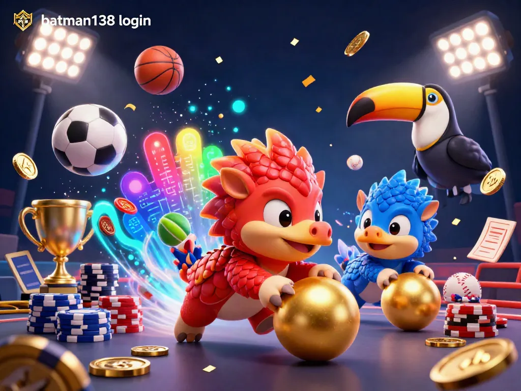 Experience the excitement of batman138 login with a dynamic scene of rival pangolins bowling through poker chips, showcasing vibrant sports elements.