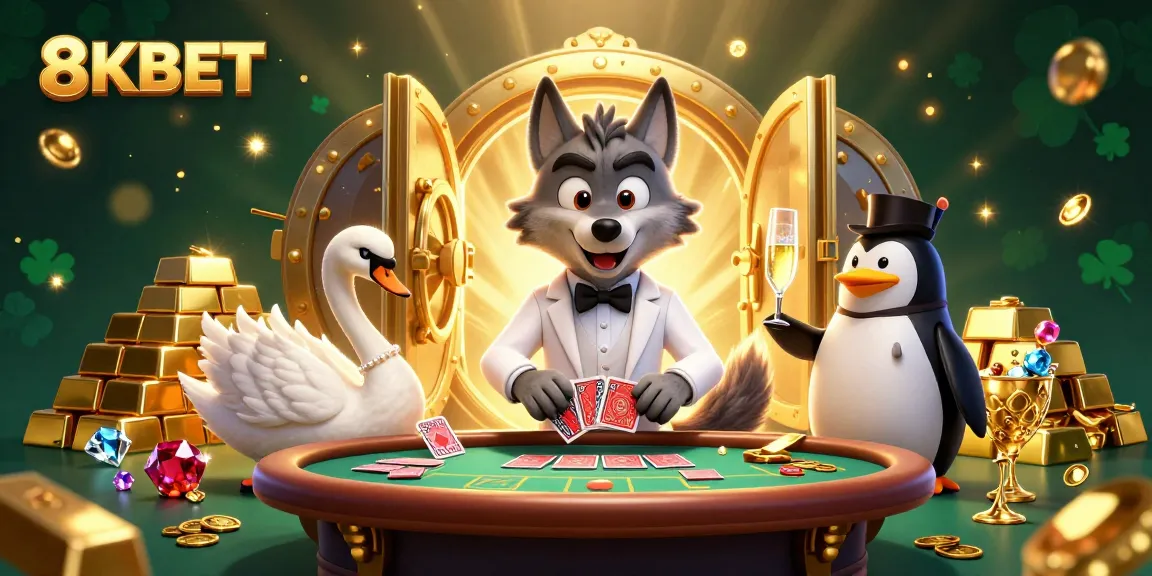 Join the excitement at 8KBET with vibrant characters at a baccarat table, showcasing high-stakes gambling.