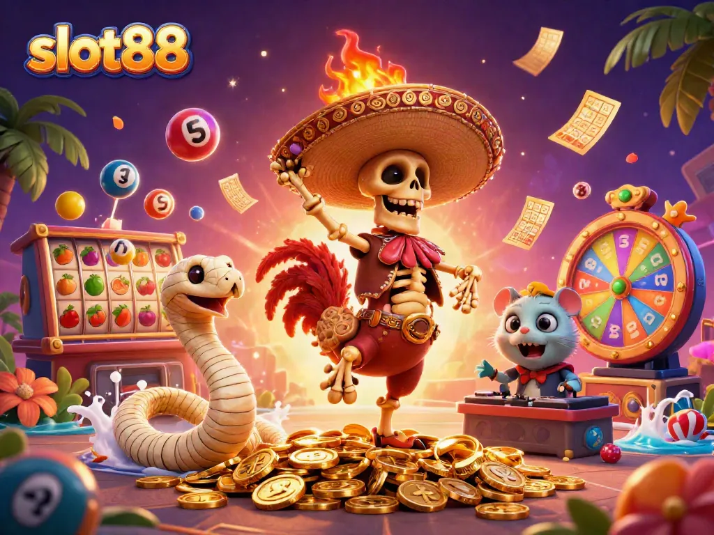 Menangkan slot88 dengan skeleton mariachi, ular mummy, dan hamster DJ di antara koin emas dan simbol slot.