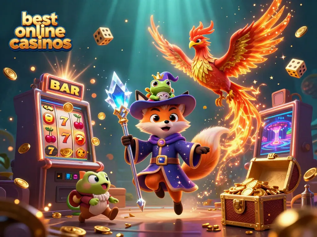 Experience the best online casinos with vibrant illustrations of wizards, jackpots, and glowing games.