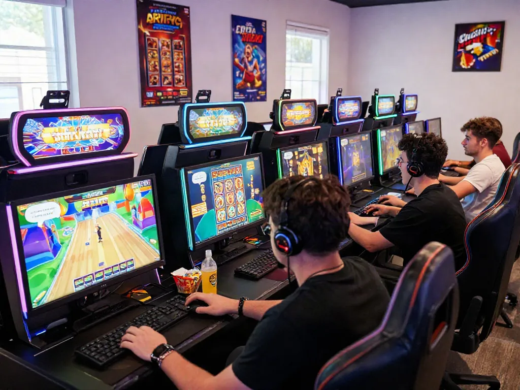 Players enjoying slot online gacor in an interactive, vibrant gaming room with engaging graphics and modern ambiance