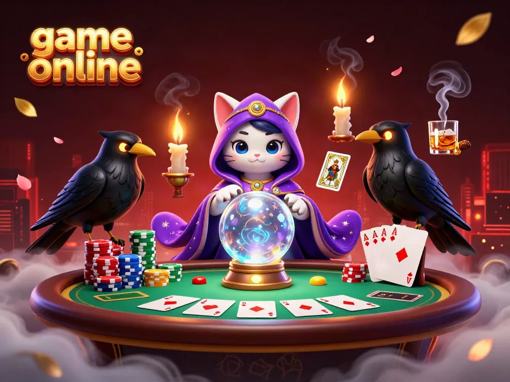 Engage with game online through this vibrant casino-themed 3D illustration featuring mystic characters.