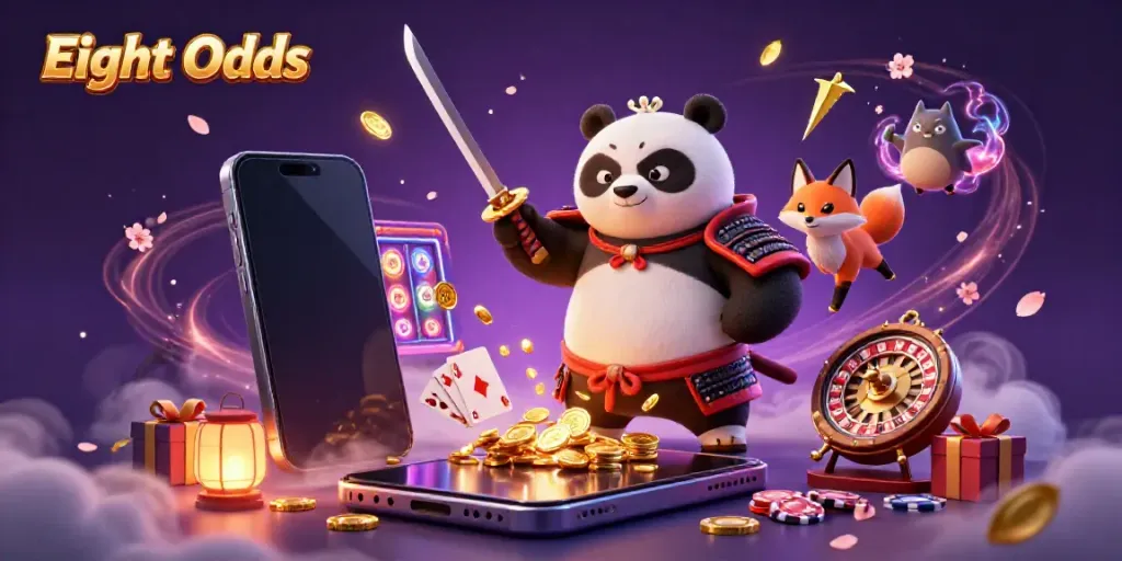 Experience engaging gaming with Eight Odds illustrated through a dynamic scene of samurai panda, ninja fox, and tanuki.