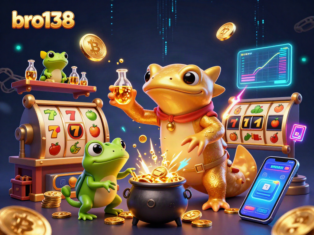 Bro138 menghadirkan ilustrasi kasino fantastis dengan karakter alkemis dan simbol permainan slot.