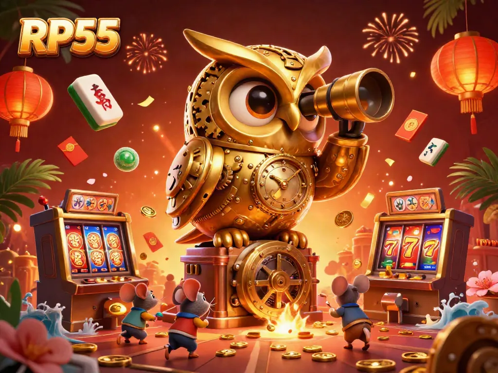 Experience the excitement of RP55 with vibrant slot machines, golden owl, and festive decorations in a dazzling casino