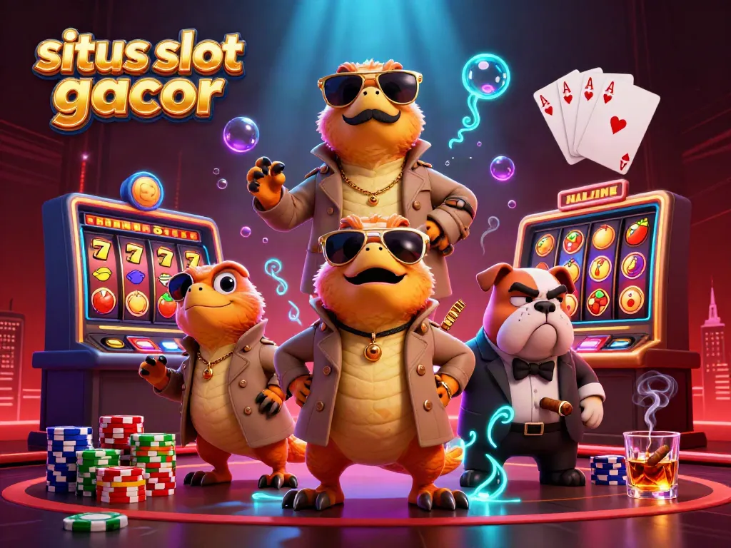 Three raptors in a trench coat entering VIP casino while showcasing situs slot gacor elements like slots and chips.