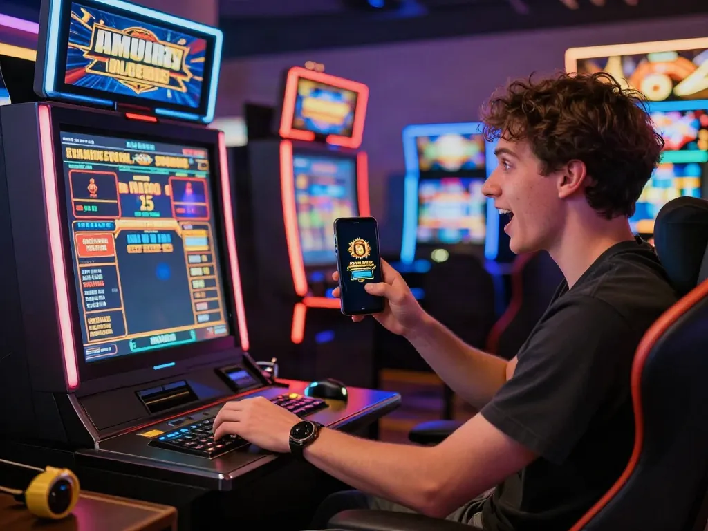Player enjoying akunjp online slot game in a vibrant gaming area