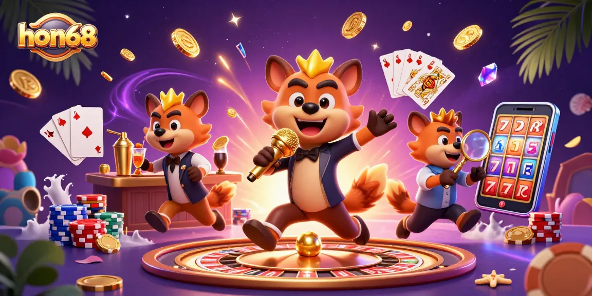 Experience laughter and luck at hon68's vibrant casino scene with animated hyenas and casino elements.