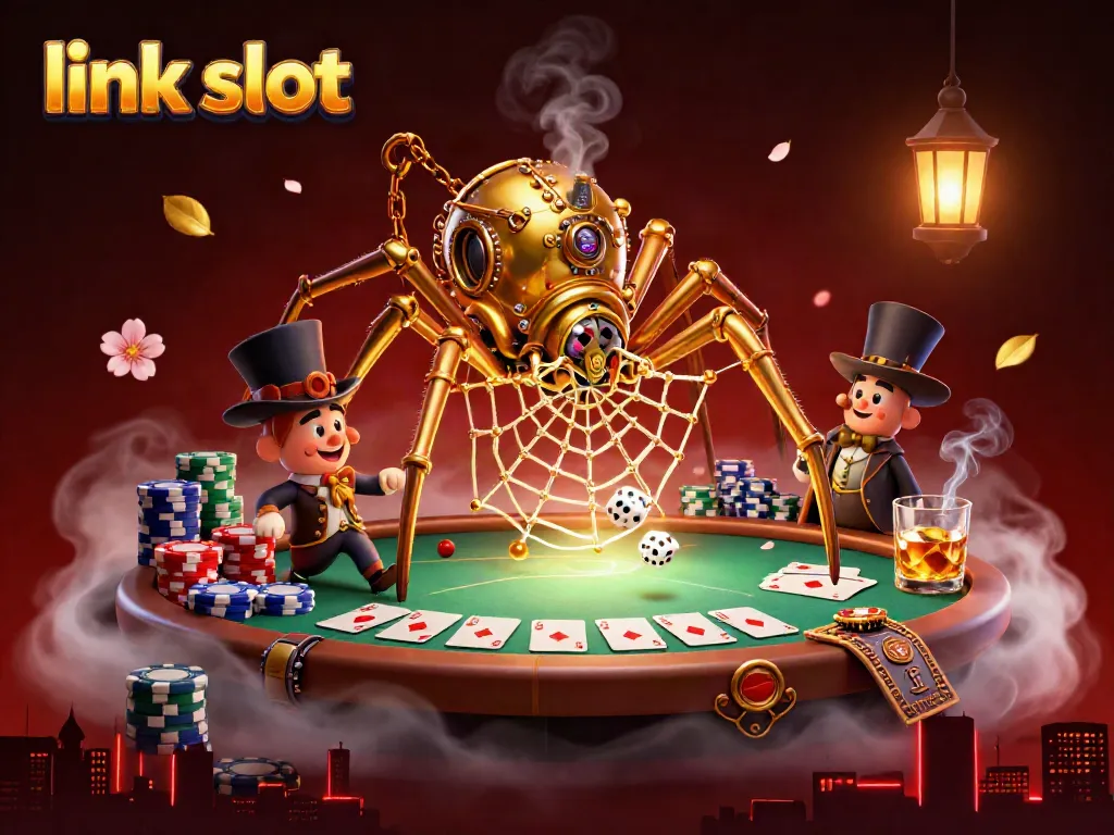 Catch the excitement of gaming with a steampunk spider in a dynamic link slot casino scene.