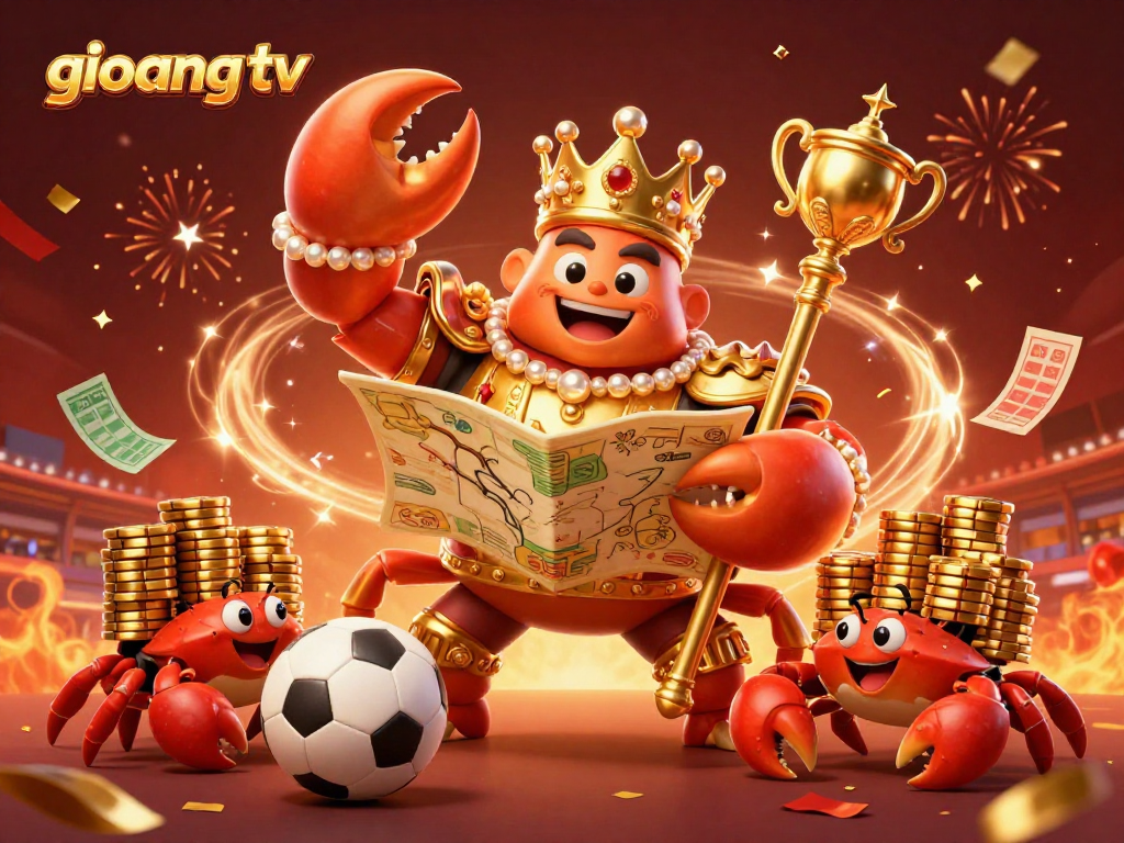 Experience thrilling sports betting with giovang tv's dynamic 3D illustration featuring a golden crab emperor and vibrant game elements.