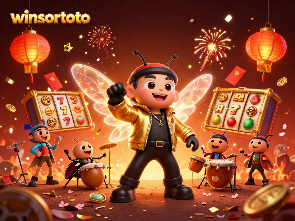 Taruhan menang di winsortoto dengan ilustrasi 3D cicada rockstar dan elemen kasino yang berkilau.