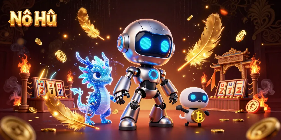 Nổ Hũ gaming experience with a vibrant robot and AI dragon showcasing thrilling slot action in a dynamic casino illustration
