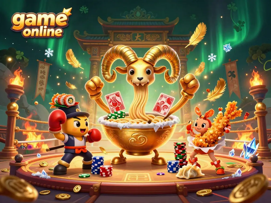 Engaging scene featuring a giant ramen bowl and sushi dealer playing game online with vibrant casino elements.