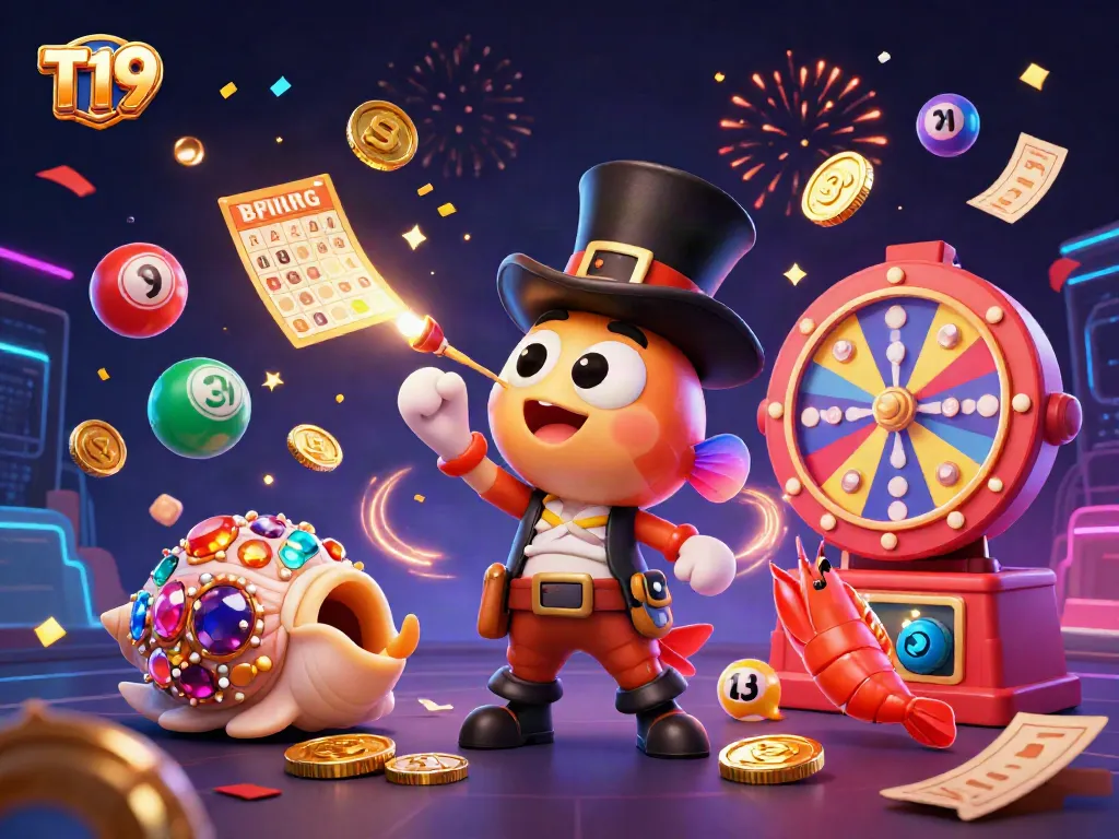 T19 engages players with golden coins and excitement in a colorful online casino scene.