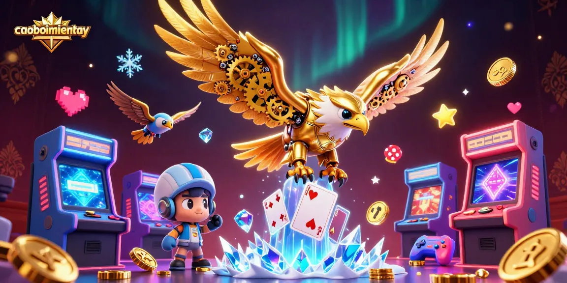 Catch the thrilling action in caoboimientay as the golden eagle dives through holographic cards in a vibrant casino scene.