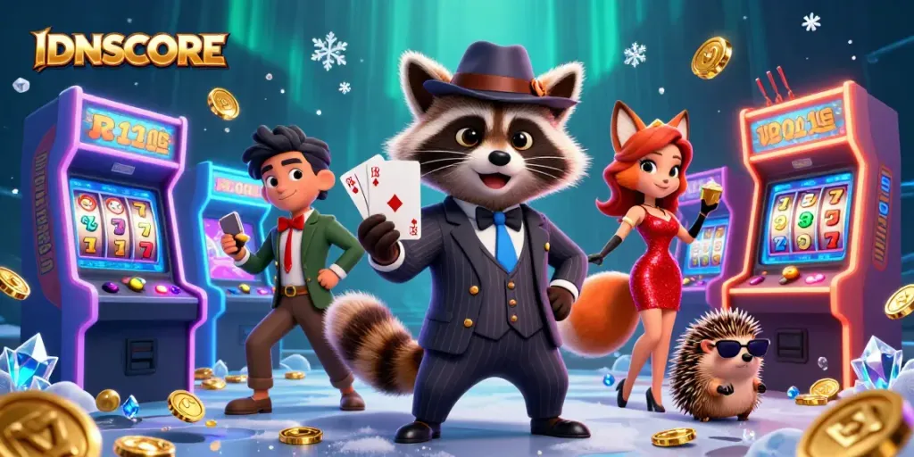 IDNSCORE players enjoy a vibrant casino atmosphere with charming characters and slot elements.