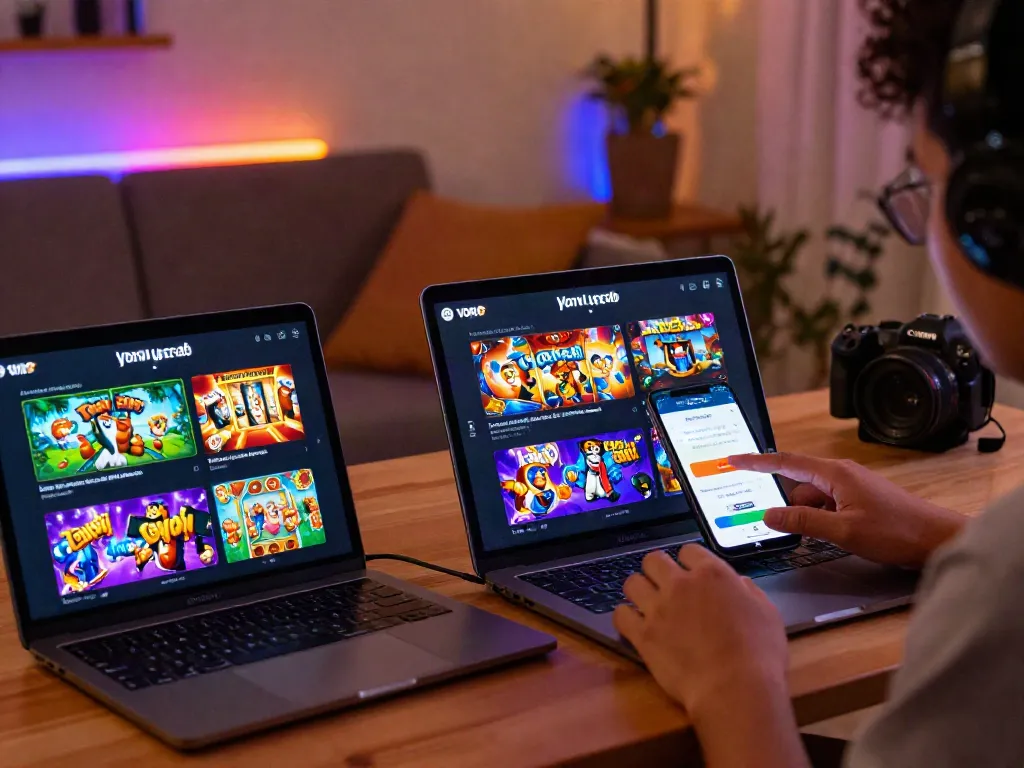 Engaging user enjoying Yono Arcade mobile app with game icons and cozy atmosphere