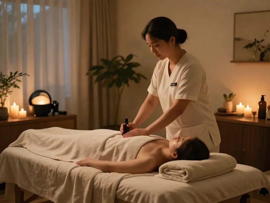 Enhance relaxation with 부평출장안마 in a tranquil home massage scene.