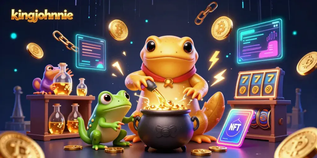 Experience thrilling gameplay at kingjohnnie, featuring a vibrant 3D illustration of an alchemist transmuting gold.