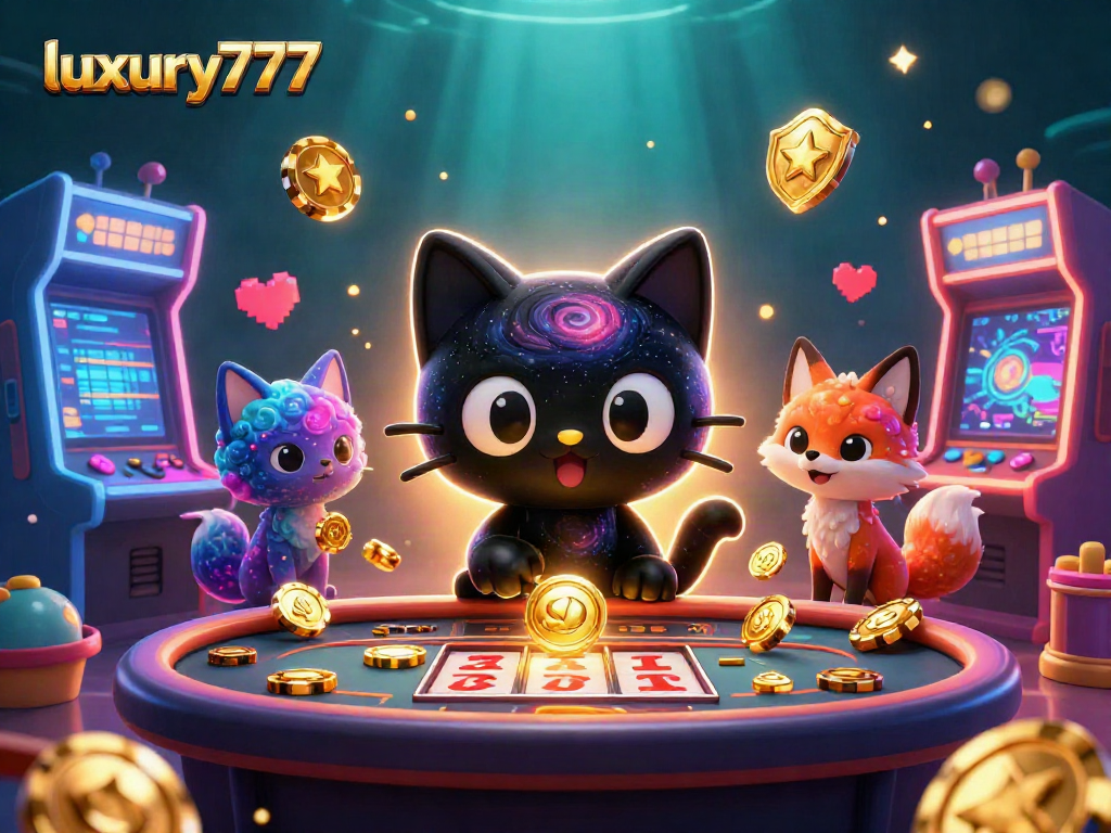 Menghadirkan tampilan memikat luxury777 dengan kucing hitam yang tertarik menarik chip emas di meja kasino intergalaksi.