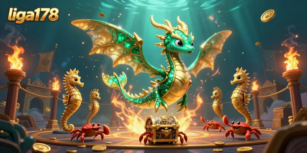 Gambarkan pengalaman bermain liga178 dengan naga laut dan harta karun dalam ilustrasi 3D yang memukau.