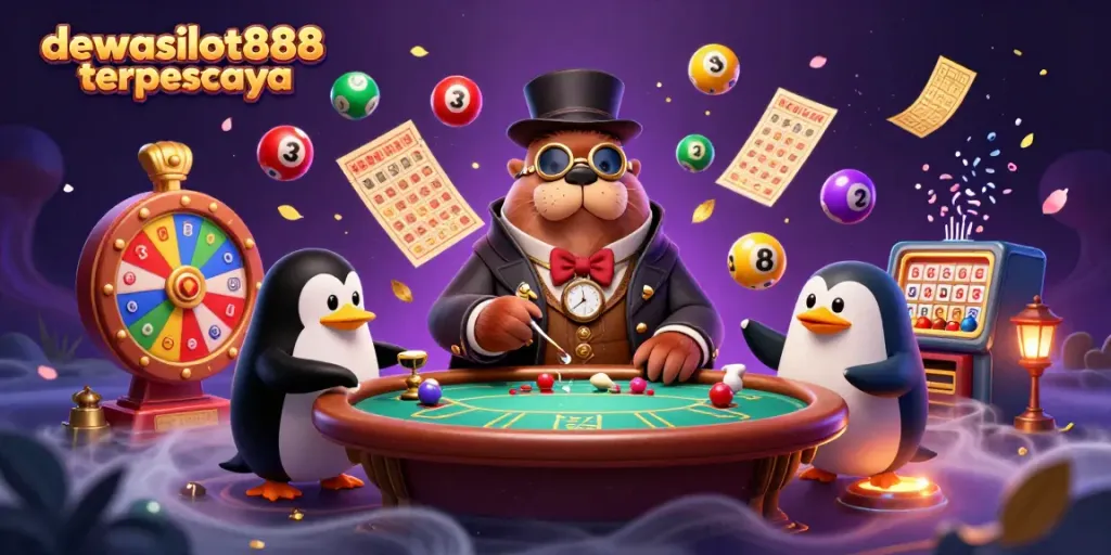 Menyaksikan permainan di DEWATASLOT888 terpercaya, dengan walrus berjubah, dealer penguin, dan pufferfish pemain yang menggertak.