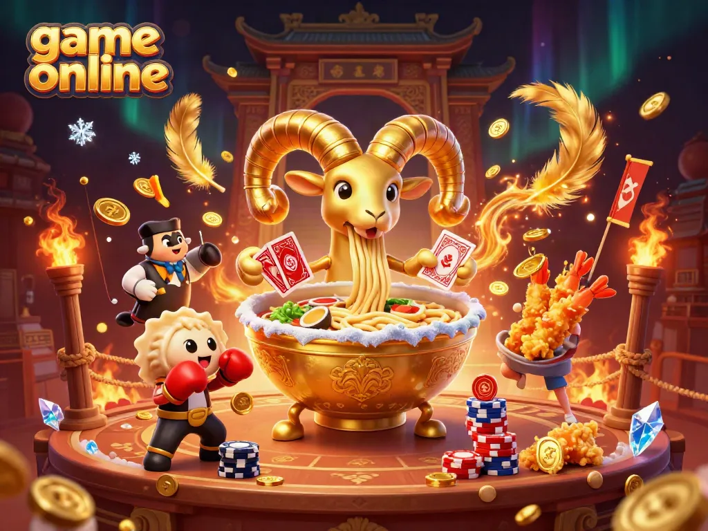 Engaging game online scene showcasing a gold ramen bowl character dealing cards amidst vibrant casino elements.