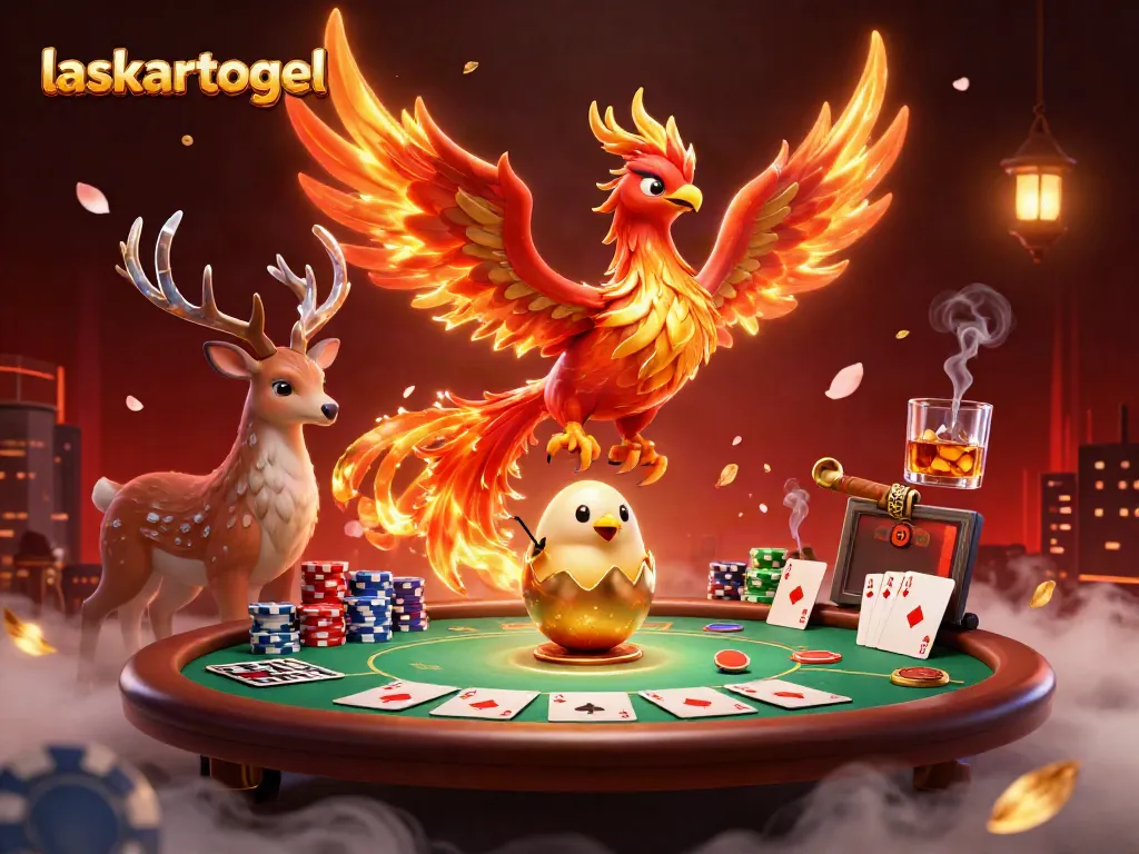 Experience excitement with laskartogel's 3D phoenix scene, poker elements, and vibrant atmosphere.