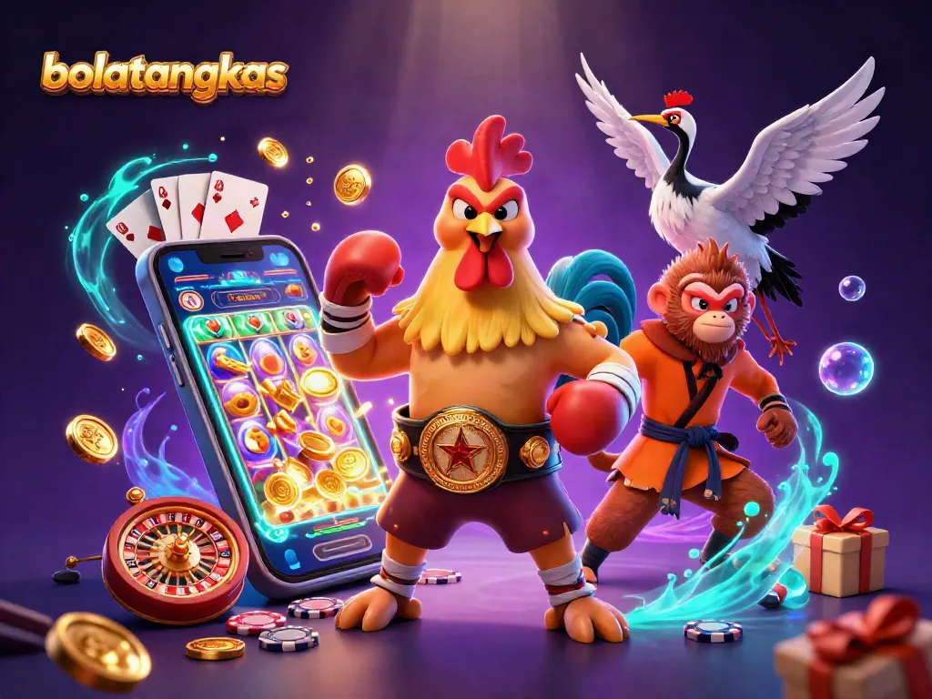 Experience bolatangkas gameplay with a vibrant, action-packed 3D illustration featuring dynamic casino game elements.