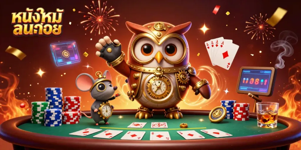 Experience exciting หนังใหม่ชนโรง gaming with a steampunk owl and mouse in a vibrant casino scene.