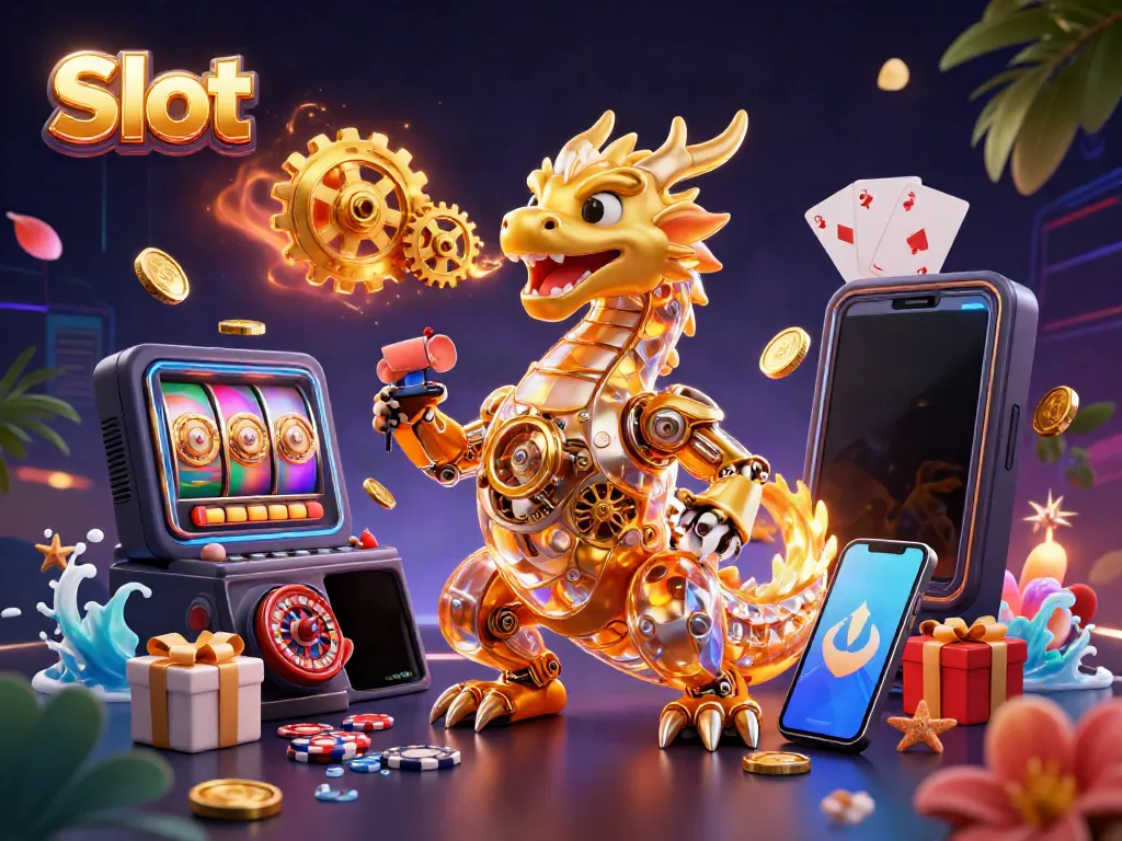 Experience excitement with Slot gaming illustrated by a golden dragon and mouse engineer in a vibrant casino scene.