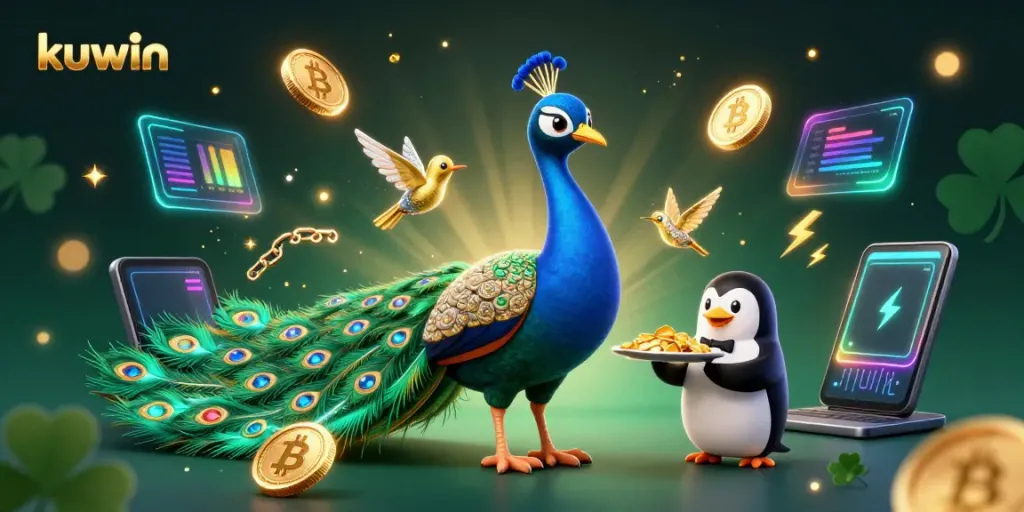 Experience the vibrant world of kuwin casino with a peacock, a butler penguin, and a tiny hummingbird amidst sparkling crypto coins.