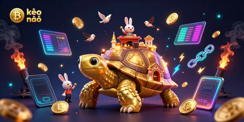 Engage with kèo nhà cái visuals featuring a golden tortoise casino scene with dynamic crypto elements.