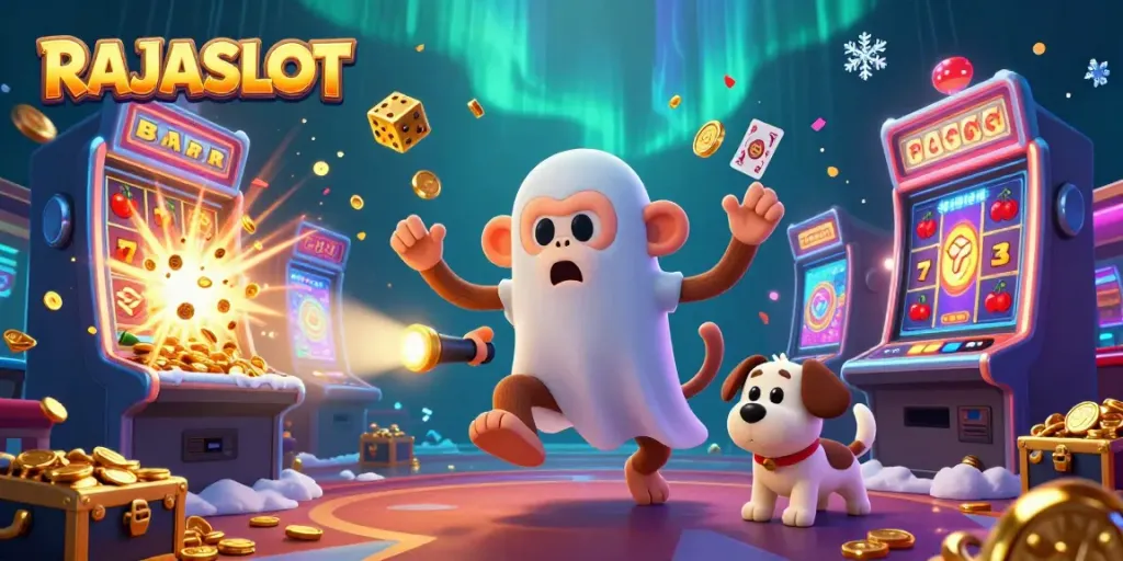 RAJASLOT menghadirkan sekitar karakter hantu dan monyet poltergeist di kasino yang penuh dengan koin dan permainan slot.
