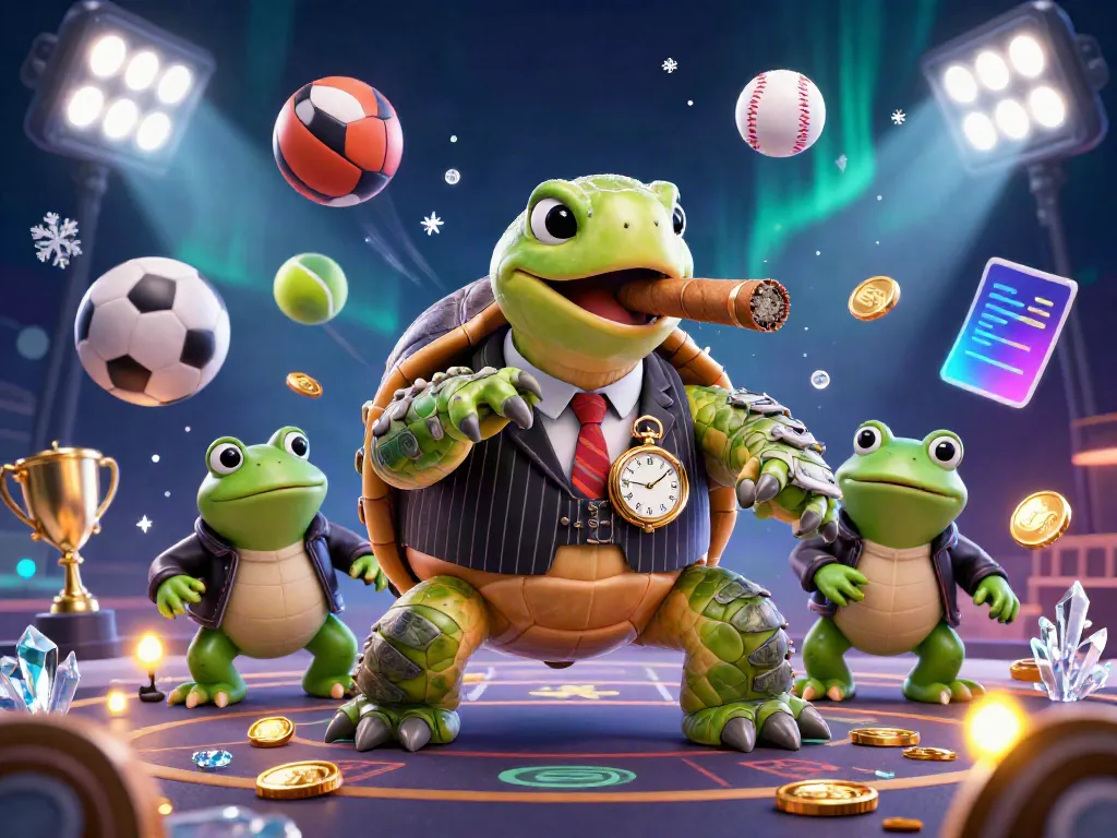 Experience the excitement at oxbet with a cartoon turtle mobster and its bullfrog enforcers amidst dynamic gambling elements.