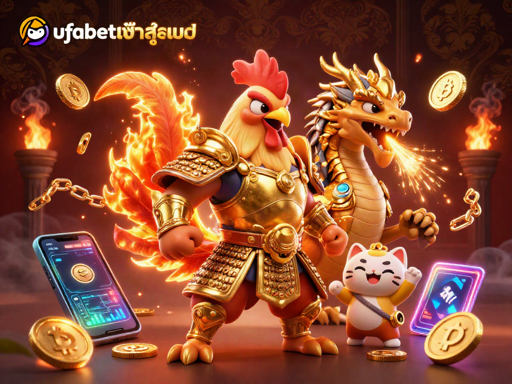 Join the action with ufabetเข้าสู่ระบบ, featuring a fighting rooster warrior and dragon in a vibrant casino-themed illustration.